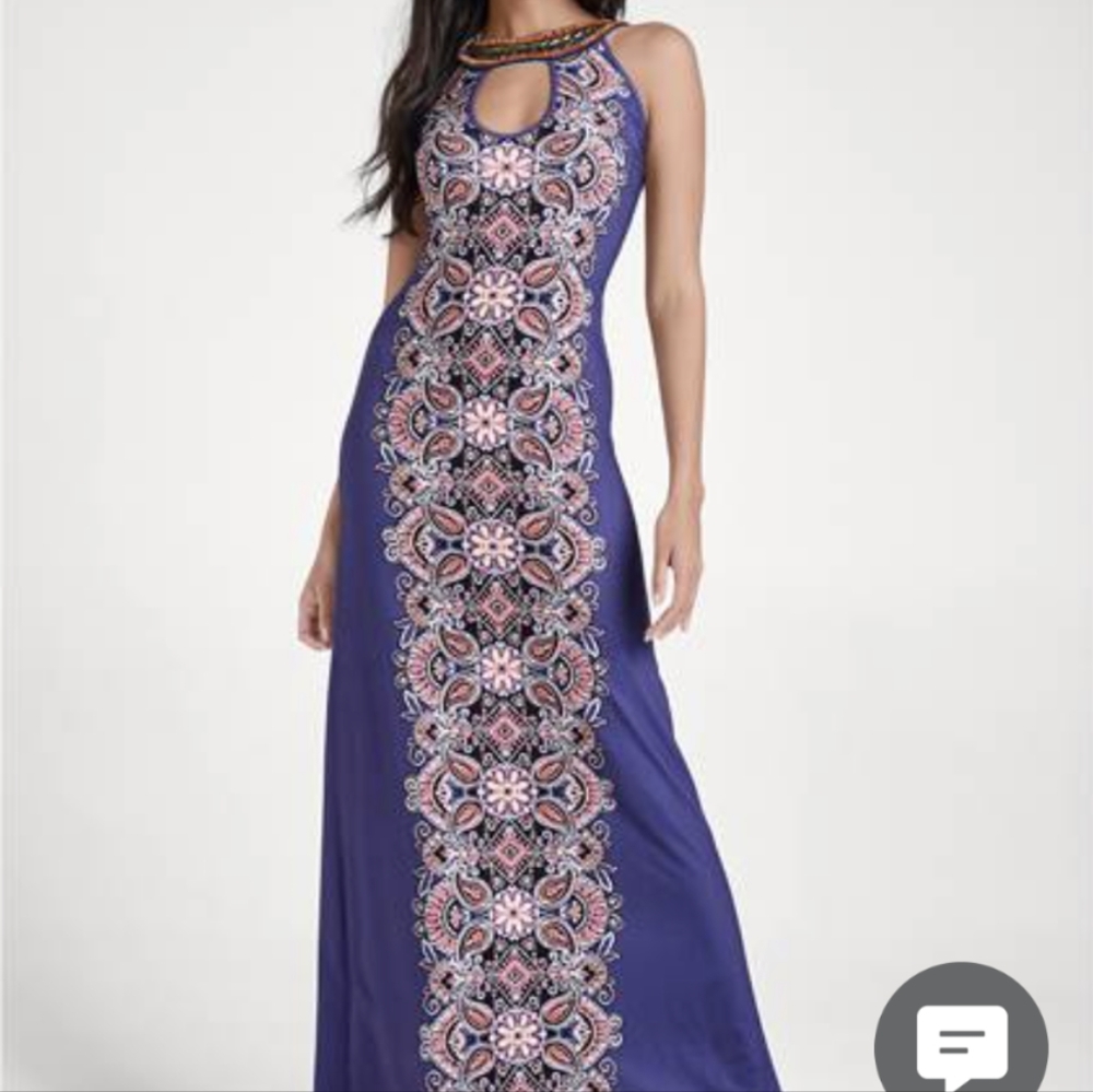 Blue printed maxi dress with beaded neck!